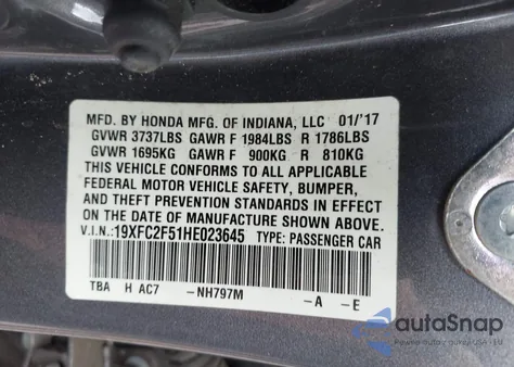 2017 Honda Civic Lx from USA, damaged, VIN 19XFC2F51HE023645